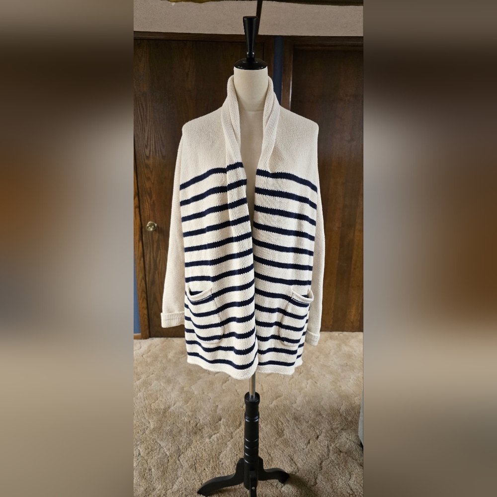 J. CREW Cream and Navy Shawl-Collar Striped Cardigan, Sz L - Picture 4 of 14
